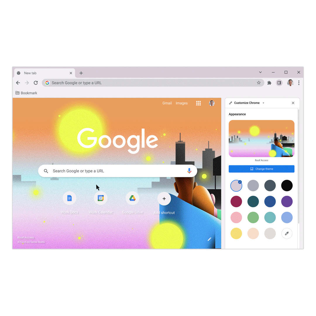 A colorful Chrome browser has the side panel open. A cursor changes the browser’s color by selecting burgundy in the side panel.