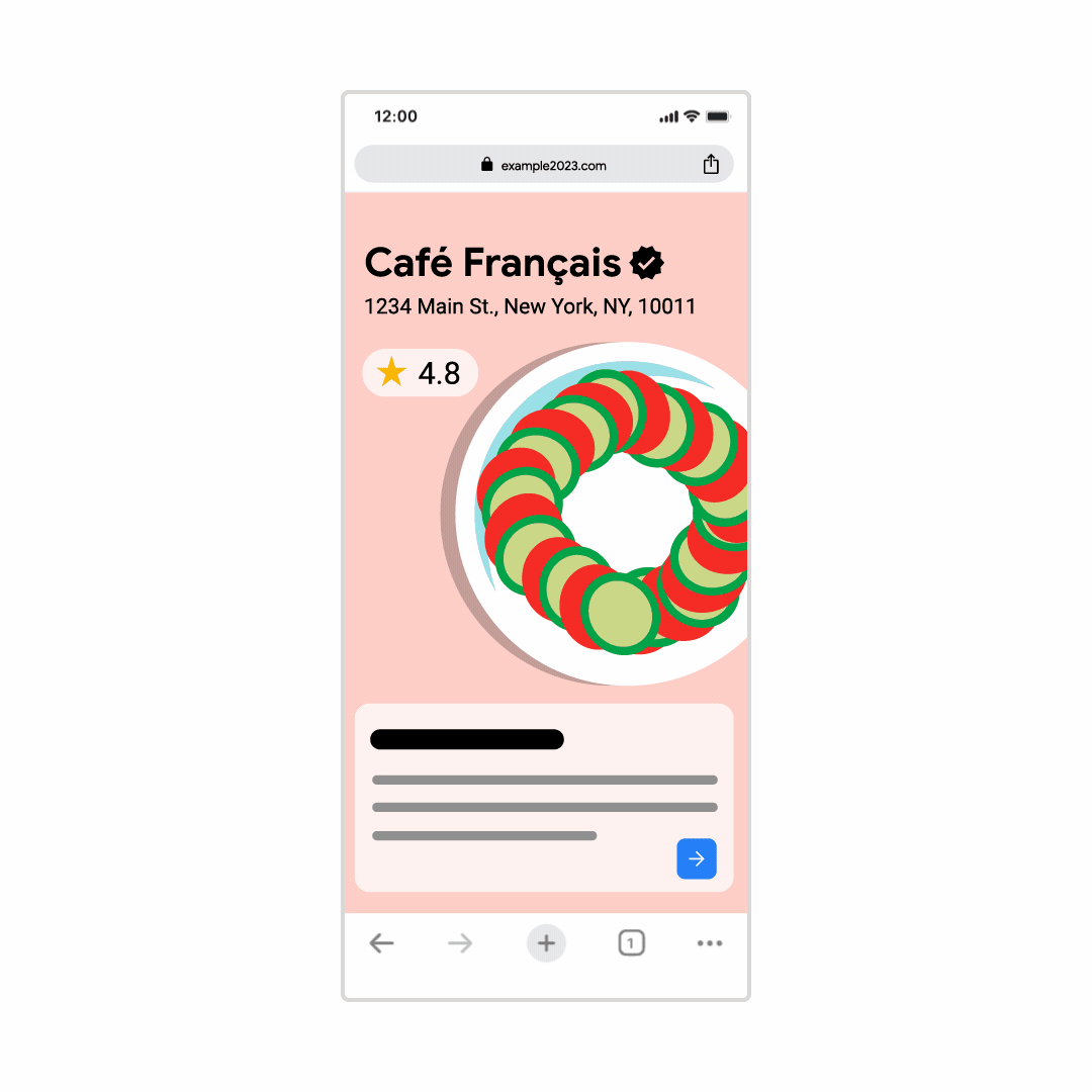 A mobile screen shows a cursor selecting an address for “Café Français.” A pop-up appears and the cursor selects the option to “View with Google Maps in Chrome.” Google Maps opens directly in Chrome.