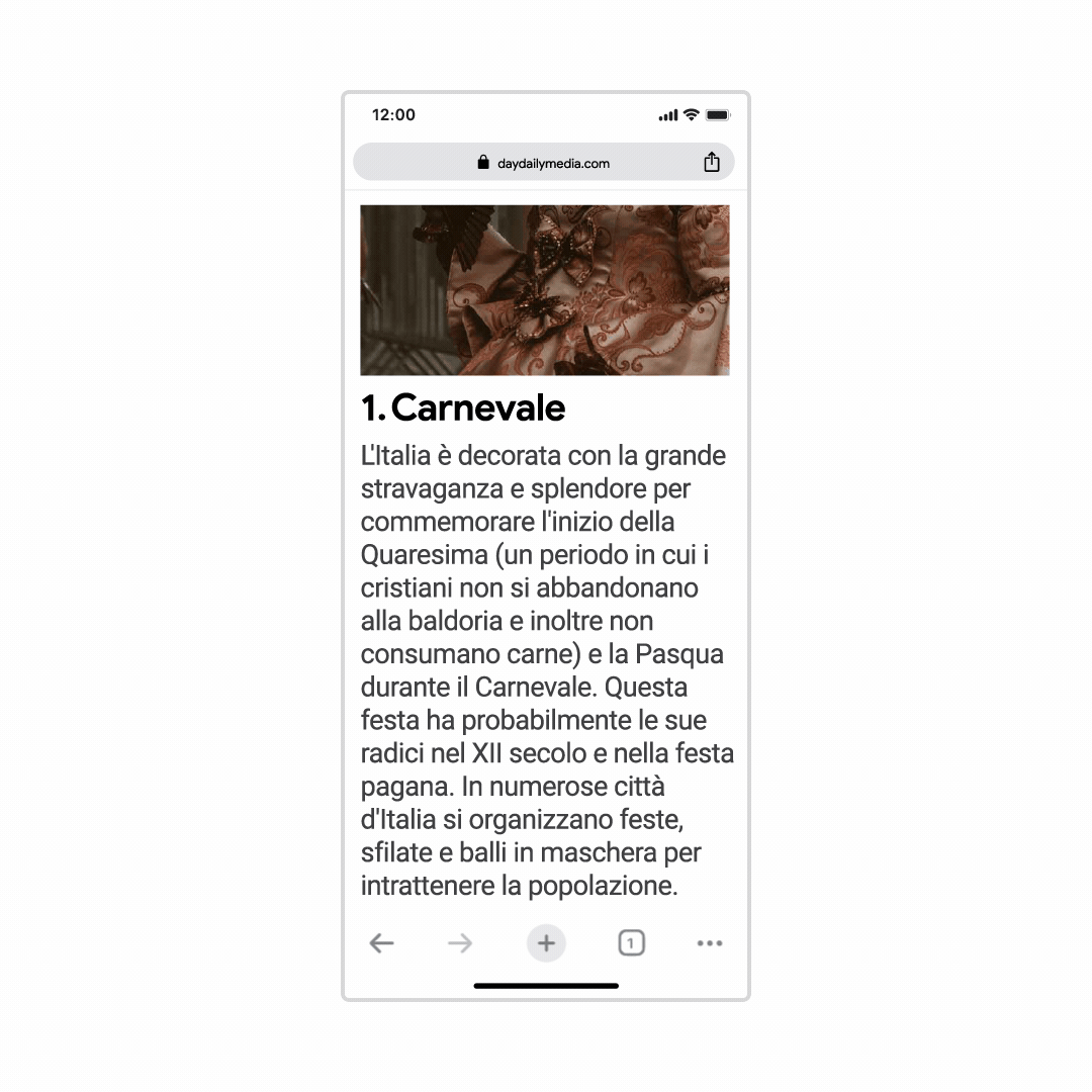 A mobile screen shows a cursor selecting a portion of a website written in Italian. It selects the “Google Translate” option, which opens Google Translate in Chrome and provides an English translation.