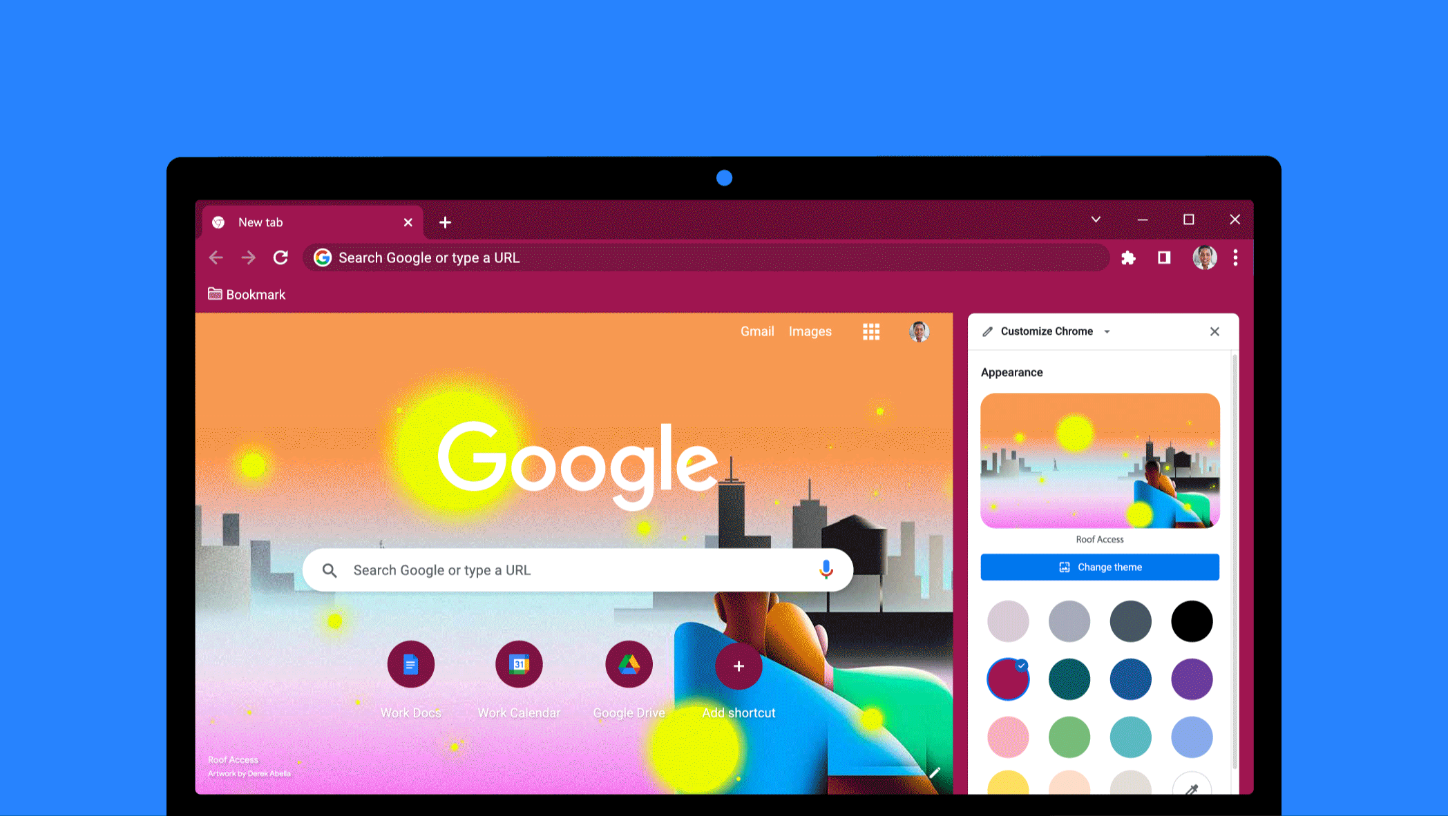 A Classic Chrome browser has the side panel open. It offers an option to customize the theme and color. A white line glides across the browser, giving it a colorful new look.